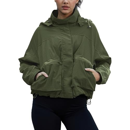 PESION Womens Waterproof Plaid Rain Jacket, Lightweight Windproof Outdoor Trench Coat Windbreaker with Removable Hood Olive Green XX-Large