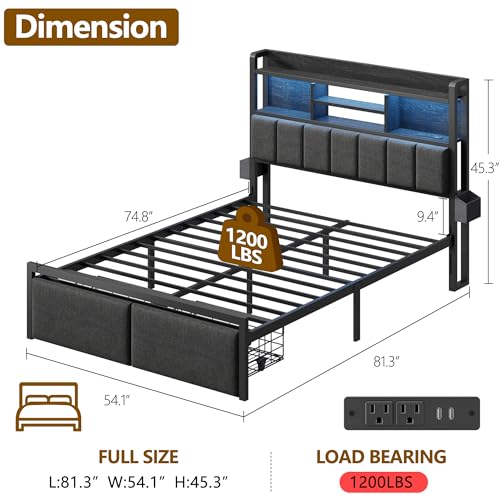Image of Furnulem Full Size Bed Frame with Headboard, Drawers, Charging Station, LED | 1200 lbs Capacity, Upholstered Headboard, No Box Spring Needed, Noise Free, Black, Metal Bed Frame