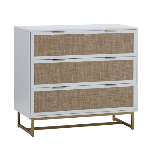 Image of Nathan James Kova Boho Dresser or Storage Cabinet with Drawers for Bedroom or Nursery with Textilene Rattan Accent and Metal Legs, White