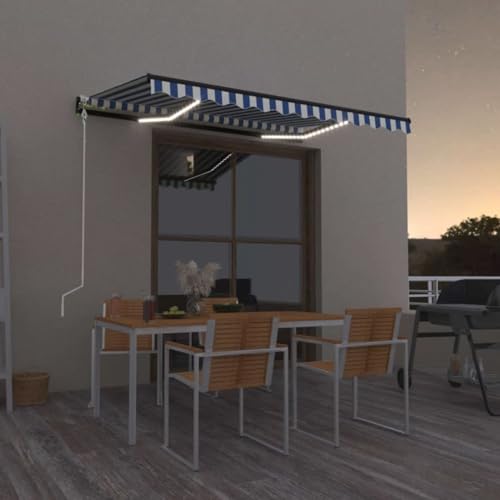 IKAYAA Toldo Motorizado 400 x 300 cm con Luces LED, Toldo Eléctrico y Manual Retráctil,Toldo Articulado Eléctrico con Mando a Distancia, Toldo Brazo Extensible para Terraza, Jardín, Azul y Blanco