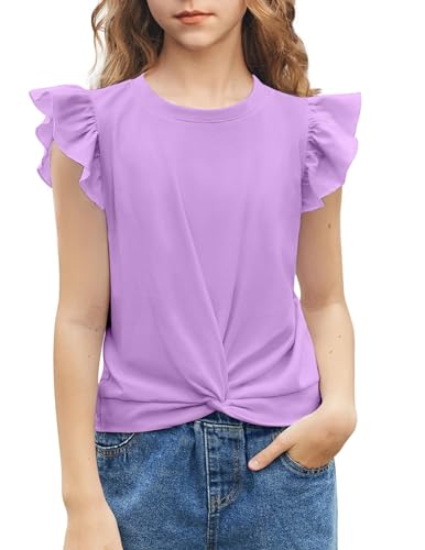 Arshiner Niñas Verano Camisetas Mangas Volantes Cuello Redondo Manga Corta Casual Moda Color Sólido Camiseta para Niñas Morado 150