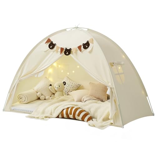 Twin Bed Tent, Bed Canopy Bunk Bed Tent with Stars Light & Flags, Breathable Sleeping Tent, Privacy Space Dream Playhouse for Indoor Bedroom Floor, Portable Foldable Play Tent with Storage Bag, Beige