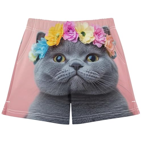 Girls Athletic Shorts Cute Gray Cat Floral Crown Print Colorful Kids Summer Pajama Sleep Gymnastics Shorts, X-Small