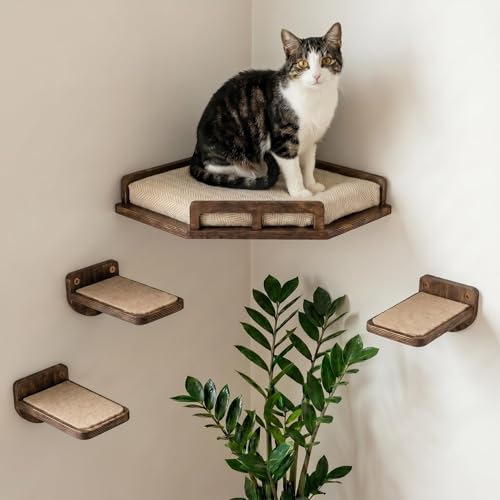 INICIO Cat Wall Shelves - Safe and Sturdy Cat Wall Furniture - Stylish Natural Wood Corner Shelf with 3 Steps for Cats up to 15lbs - Cushioned Perch and Stairs for Climbing and Playing - Dark Brown