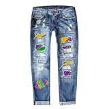 Damen Festival-Hose, gerades Bein, Roll-Up-Jeans, Rave, Karneval, bedruckt...