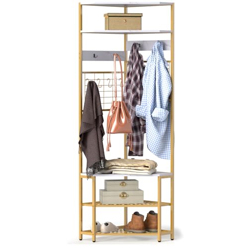 Giantex 183 cm Corner Hall Tree, 5-Tier Coat Rack w/Shoe Storage Bench, 12 Metal Hooks, Tall Entryway Shoes Shelf Organizer, Freestanding Clothes Rack for Living Room, Bedroom