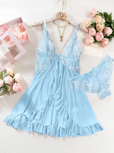 Image of Foxiny Sexy Open Front V Neck Ruffle Sheer Mesh Lace Wireless Babydoll Lingerie Dress with Thong 2 Piece