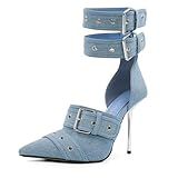 GPXGPX Women's Pointed Toe Pumps Denim Heels for Women Ankle Strap Stiletto High Heels Metal Buckle Sandals Pumps Fashion Dressy Prom Shoes size 7.5