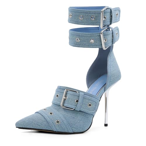 GPXGPX Women's Pointed Toe Pumps Denim Heels for Women Ankle Strap Stiletto High Heels Metal Buckle Sandals Pumps Fashion Dressy Prom Shoes size 7.5