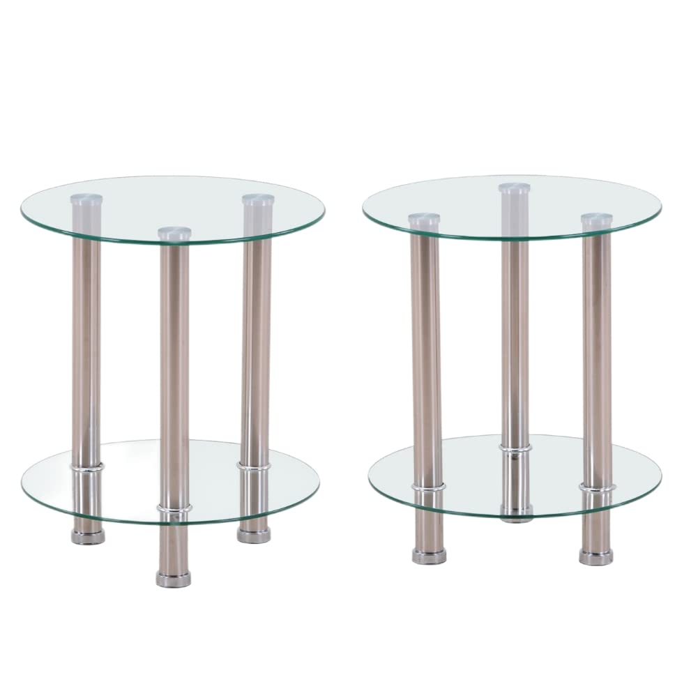 GOLDFAN Round Side Table Small Tempered Glass End Table 2-Tier Storage Sofa Table with Chrome Frame for Living Room Balcony,Clear