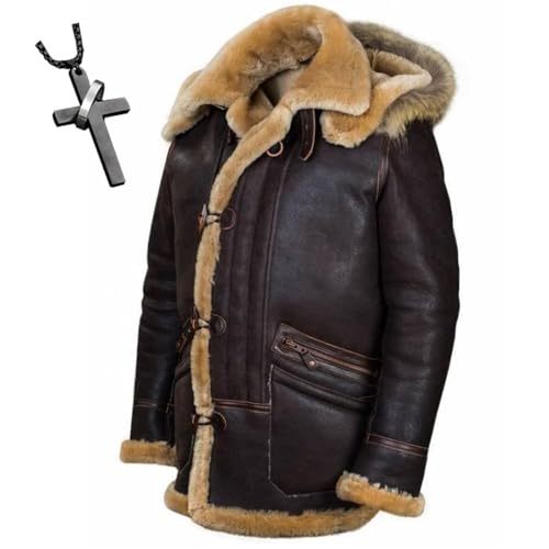Men's Lamb Wool Coat Faux Leather Fleece Lined Jackets Heavyweight Suede Warm Winter Biker Coat Extra warm hood