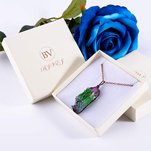 Bivei Tree of Life 7 Chakra Gemstone Copper Wire Wrap Irregular Clear Quartz Point Crystal Pendant Necklace(Bronze Titanium Coated Multi Color #2)