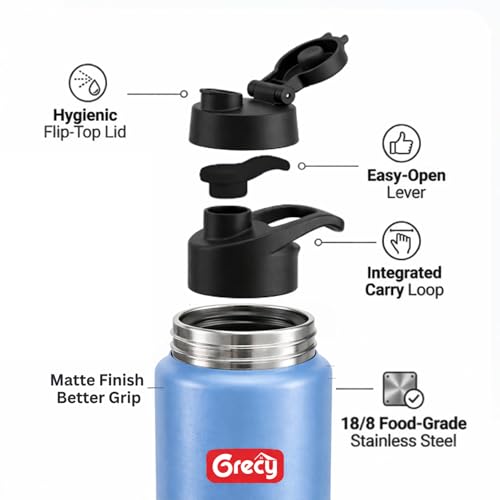 Image of GRECY Tic Toc Steel Water Bottle 1 ltr Light Blue | Single Wall Steel Bottle for Fridge 1 litre | Flip Cap Leak Resistant | BPA Free Food Grade Steel | Lightweight | Office,Gym,Travel Made in India