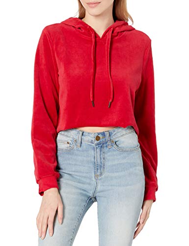 True Religion Women's Long Sleeve Velour Crop Pullover Hoodie Sweatshirt, Ruby RED, M