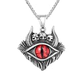 PINK TOWN Gothic Evil Eye Necklace Stainless Steel Pendant Necklace Punk Style Demon Skull Necklace Vintage Goth Oxhorn Pendant Necklace Halloween Cosplay Party Jewelry for Men Woman (Red)