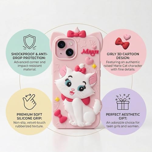 Image of amazon basics Luxury 3D Marie Cat Pink Silicone Case for iPhone 15 | Cute Cartoon Soft Back Cover | Shockproof Kawaii Designer Cover for Girls & Women