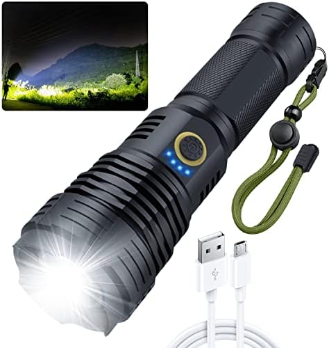 Amzyigou Flashlights High Lumens 100000, Super Bright Rechargeable Flashlight High Power, LED Tactical Flashlights Waterproof with Zoomable 5 Modes for Camping, Hunting and Emergencies