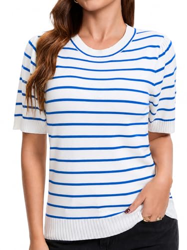 Image of Women Striped Short Sleeve Sweater Crew Neck Knit Top Pullover