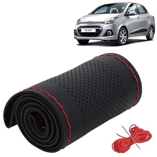 Image of KINGSWAY PU Leatherite Car Steering Cover Sewable Compatible with Hyundai Xcent (Year 2013-2017), Black Color with Red Thread, Pack of 1 with Sewing Needle and Thread