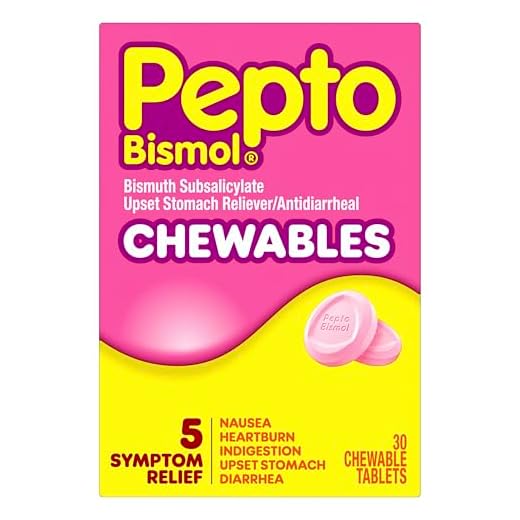 Pepto Bismol Chewable Tablets, Upset Stomach Relief, Nausea Relief, Heartburn Relief, Indigestion Relief, Anti Diarrhea Medication for Adults - 5 Symptom Relief, 30 ct
