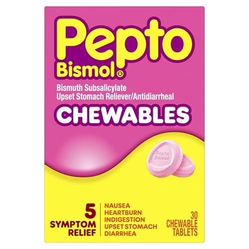 Pepto Bismol Chewable Tablets Upset Stomach Relief Nausea Relief Heartburn Relief Indigestion Relief Anti Diarrhea Medication for Adults - 5 Symptom Relief 30 ct