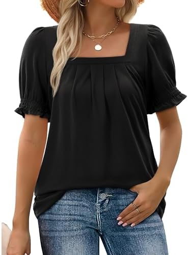 siliteelon Blusa feminina de verão plissada, gola quadrada, com b...