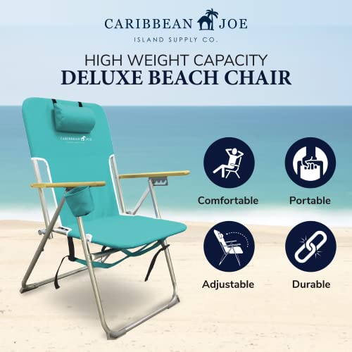 Caribbean Joe Folding Beach Chair, 4 Position Portable Backpack Foldable Camping Chair With Headrest, Cup Holder, And Wooden Armrests, Teal #TOP1