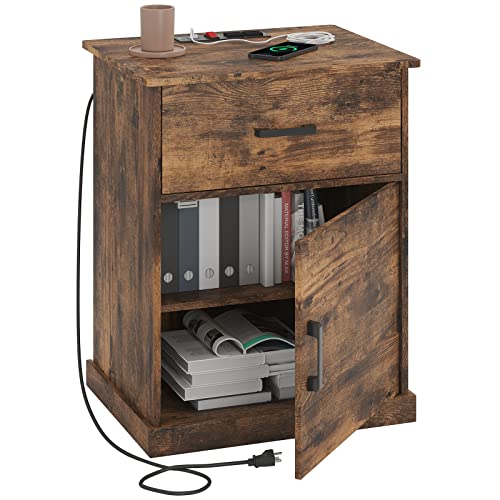 Hasuit Night Stand with Charging Station, Large Nightstand with Storage Drawers and Open Cubby, Black Bedside Side End Table for Home Office, Wider Tabletop 19.0'' x 15.0''