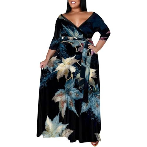 Image of SUZONANA Plus Size Maxi Dresses for Curcy Women Casual Loose 3 /4 Sleeve Long Dress with Belt