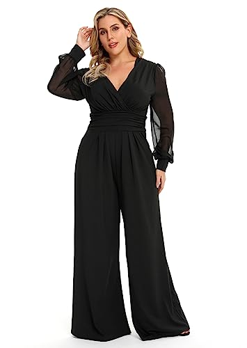 Red Dot Boutique 701 - Jumpsuit Plus Size Mesh Long Sleeves V Neck Wide Pants (3X, Black) #TOP1