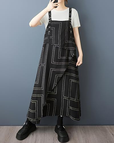 ellazhu Women's Pants Printed Plus Size Patterned Irregular Hem Adjustable Suspender Fashion Casual GZ554 A2