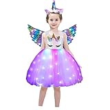 bDDeDD Unicorn Dress for Girls, Unicorn Costumes LED Light Up TuTu Dress With Headband Wing for...