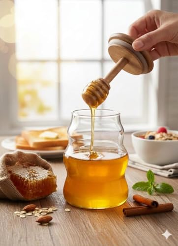 Image of SUANI Air Tight Honey Glass Jar with Wooden Dipper and Bamboo Lid | Transparent Borosilicate Honey Jar | Clear Jar for Honey, (500ml) (Pack Of 2)