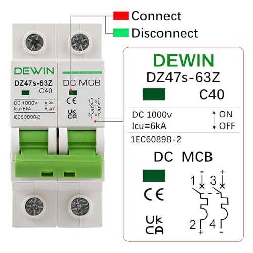 DEWIN Leitungsschutzschalter 2 polig, Sicherungsautomat DC Leistungsschalter Photovoltaik Schutzschalter für PV Anlage 40A DC 1000V