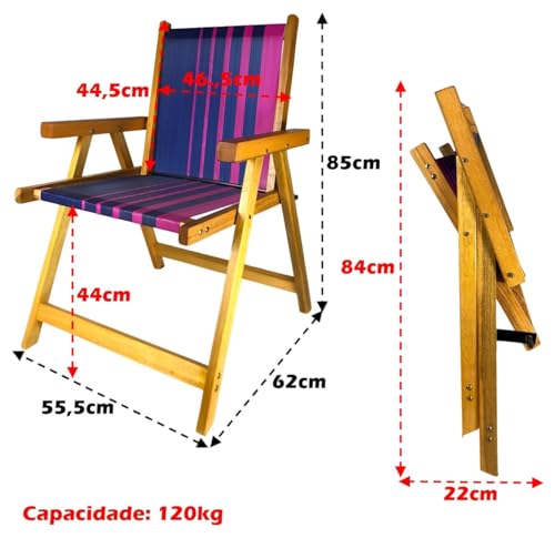 Kit 2 Cadeira De Madeira Dobrável Para Lazer Jardim Praia Piscina Camping Rosa/Marinho - AMZ
