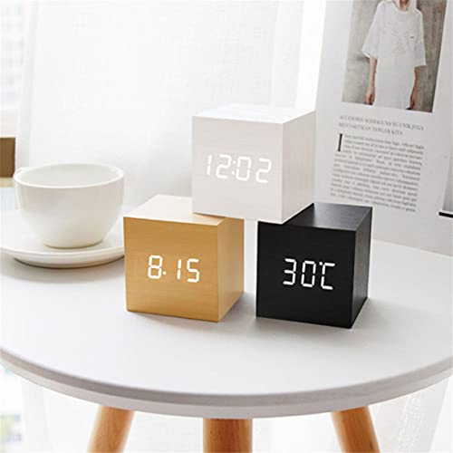 N+B Reloj Despertador de Madera Digital, Relojes de Mesa de Control de Voz electrónicos de Temperatura LED, decoración de Mesa de Escritorio con función de repetición (Madera)