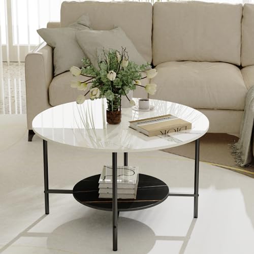 FATIVO Marble Top Coffee Tables Round: 2 Tier White and Black Coffee Table 80cm Sintered Stone High Gloss Marbles Effect Tabletop with Matt Black Frame Modern Large Centre Table Living Room