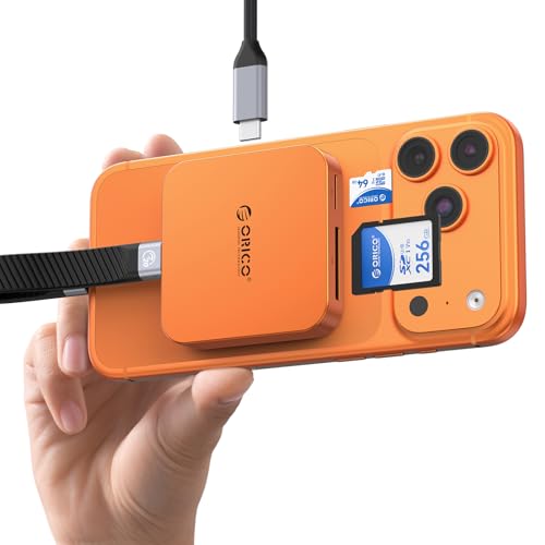 ORICO Lector de Tarjetas SD magnético con Carga PD 100W, SD/TF 3.0, Velocidad de Transferencia de Datos 104 MB/s, Card Reader Compatible con iPhone 17/16/15, iPad Pro y MacBook (Orange, 4 IN 1)