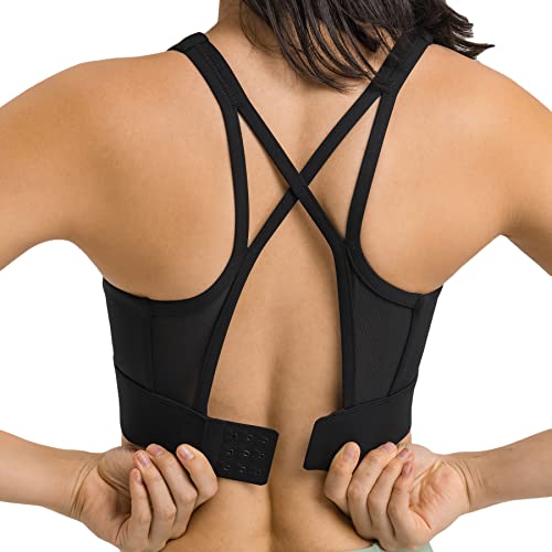 Lemedy Rückenverschluss, Sport-BH, Netzstoff, überkreuzt, Racerback, gepolstert, Workout, bauchfreies Tanktop, schwarz, Medium Cover