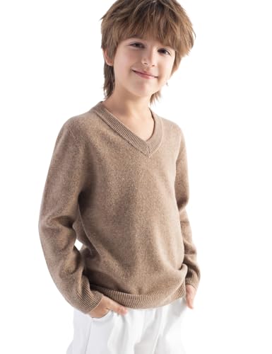 Chanyarn Jungen Mädchen 100% Merinowolle Pullover Langarm Herbst Winter Weich V-Kragenpullover Nahtloser Strickpullover (Tan 140cm)
