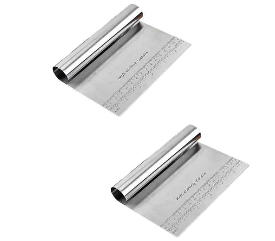 2 palas de verduras de acero inoxidable 304, raspador de masa con instrucciones de medición, espátula de cocina, rascador de cocina, raspador de banco para pizza, masa (15 x 12,5 cm)