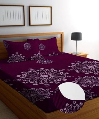 Image of Cotton Feel Glace Cotton Elastic Fitted Printed King Size Double Bed Bedsheet with 2 Pillow Covers and Fits Upto 8 inches Mattress, Size- 72 inchx78 inch Saffro 7019
