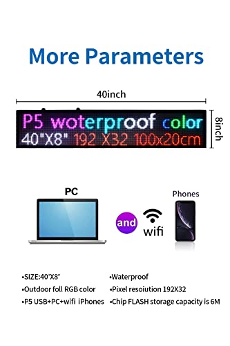 Led Scrolling Signs P5 40X8 Inch Wifi Programmable, Customizable Name/Text Neon Lights Indoor Outdoor, Wall Display Message Board For Business, Vending Truck Car Advertising Science Fair 192X32 Dots Rgb High Brightness #TOP3