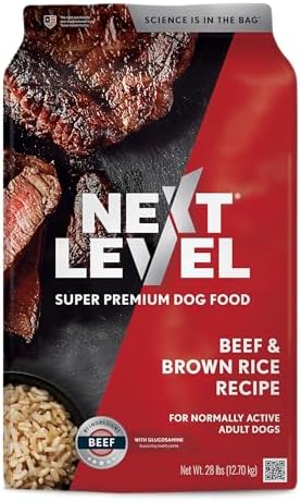 Next Level Super Premium Dog Food – Beef & Brown Rice Recipe, Dry Kibble for Normally Active Adult Dogs, 24% Protein, Beef-Chicken-Pork Flavors, Includes Glucosamine for Hip & Joint Health (28 Pound)