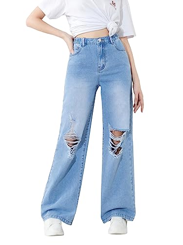 WDIRARA Calça jeans cargo longa com cintura alta e bolso lateral com aba para meninas, Lavagem média