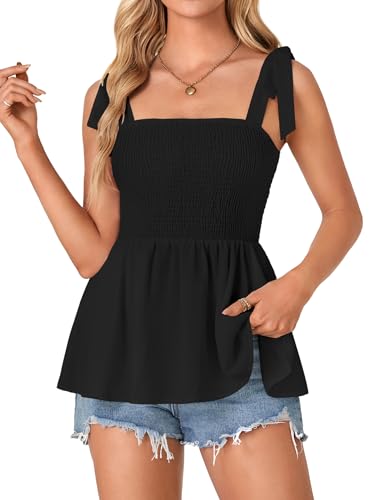 Vrtige Women's Casual Tie Shoulder Shirred Ruffle Hem Strappy Sleeveless Tank Blouse Peplum Top
