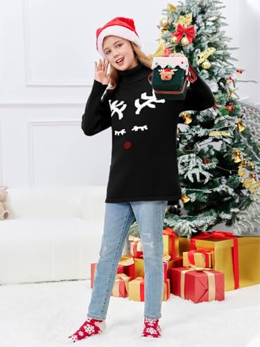 Haloumoning Girls Christmas Sweater Kids Oversized Turtleneck Cute Reindeer Sweaters with Side Slit4