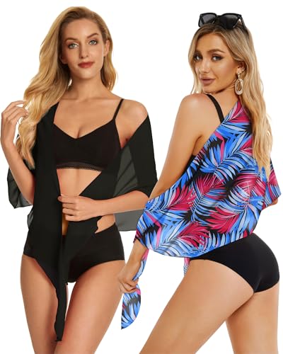 2 Pieces Sarong Cover Ups for Women Beach Bathing Suit Wrap Sheer Short Skirt Bikini Chiffon Scarf for Swimwear (Black and Pink Blue Leaves) — view 4