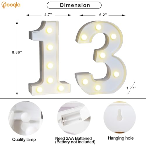 Image of Pooqla 13th Birthday Decoration for Girls Boys, Decorative Marquee Numbers with Remote, Light Up 13 Sign for Party Backdrop 13th Wedding Anniversary Decor, Warm White and Cool White Number 13