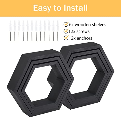 Sehertiwy Hexagonal Floating Shelves Wall Mounted Set Of 6 Wood Farmhouse Storage Honeycomb Wall Shelf For Bathroom, Kitchen, Bedroom, Living Room, Office,Driftwood Finish (Rustic Black) #TOP4